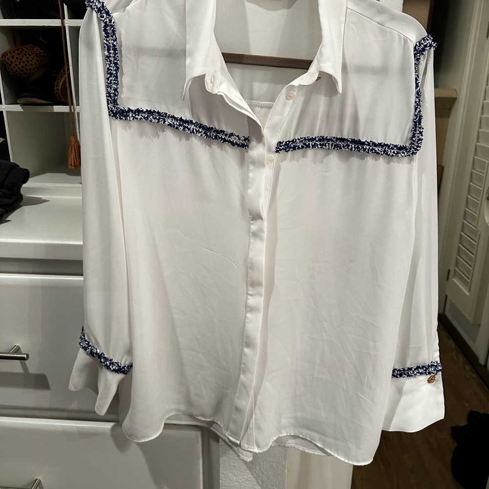 Zara White Blouse with Navy Trim